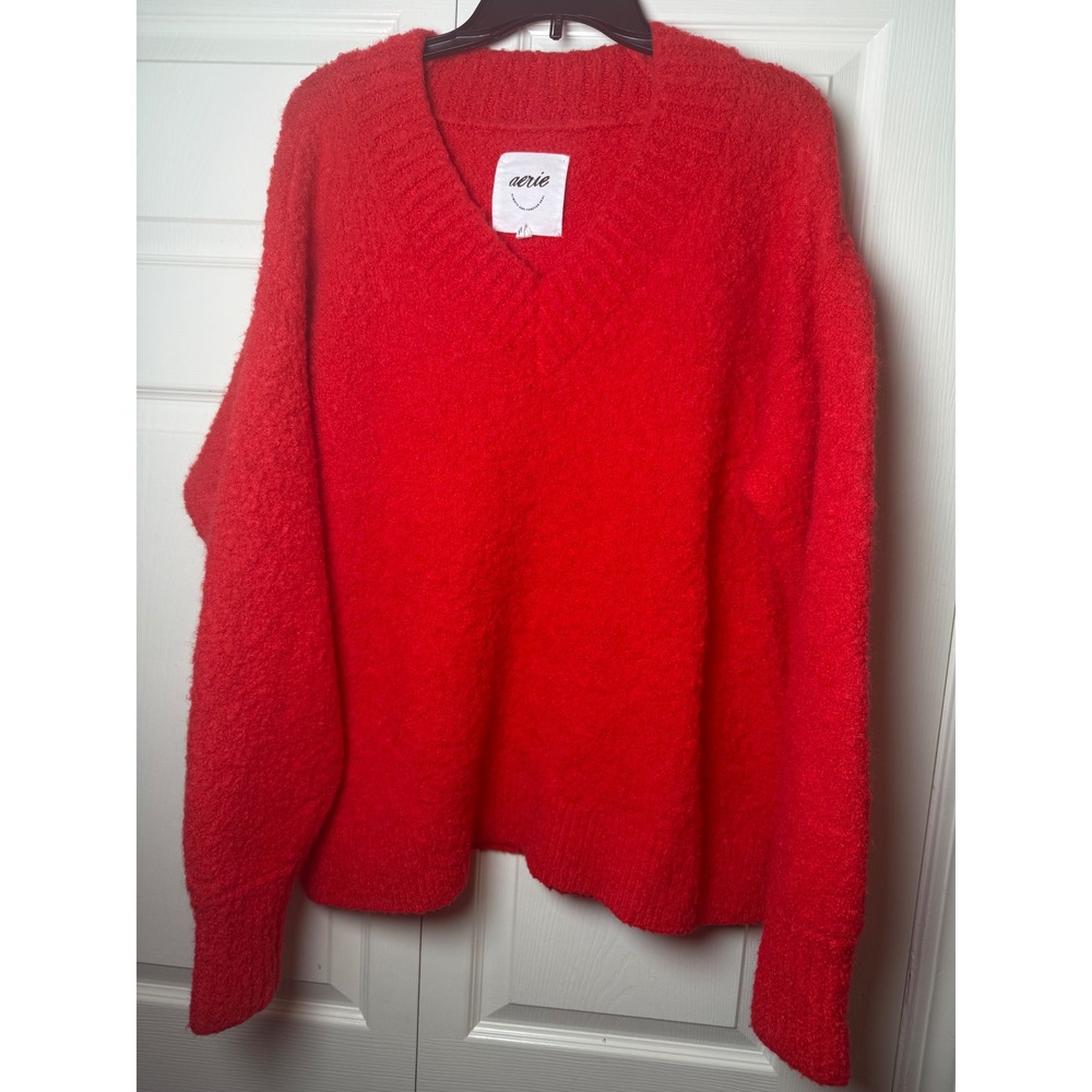 Aerie Womens Red Fuzzy V-Neck Oversized Pullover Sweater Size‎ Large